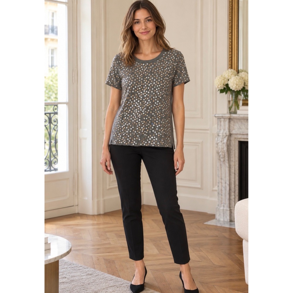 J. Crew Womens XS Gray Sequin Embellished Short Sleeve Cotton Tee Shirt Top